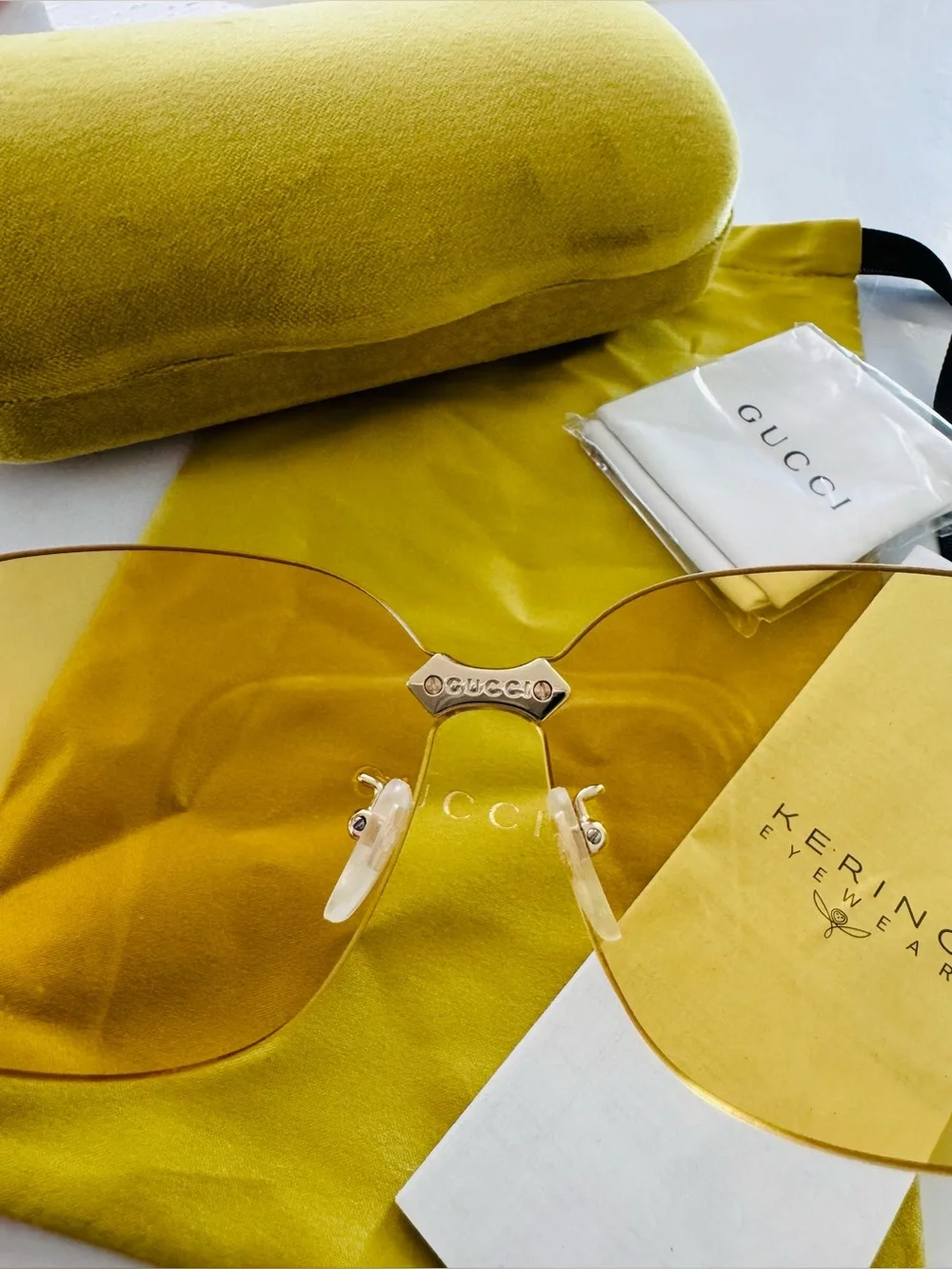 Authentic Gucci GG0355S 005 Gold Rimless Yellow Lens Sunglasses Complete Set Jap